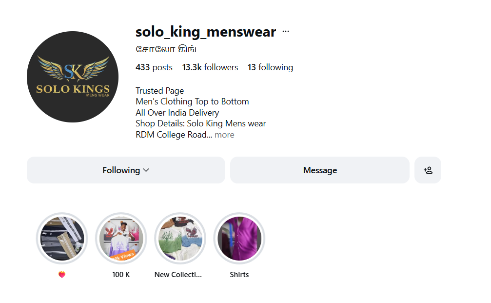 Instagram profile result for Solo King Menswear