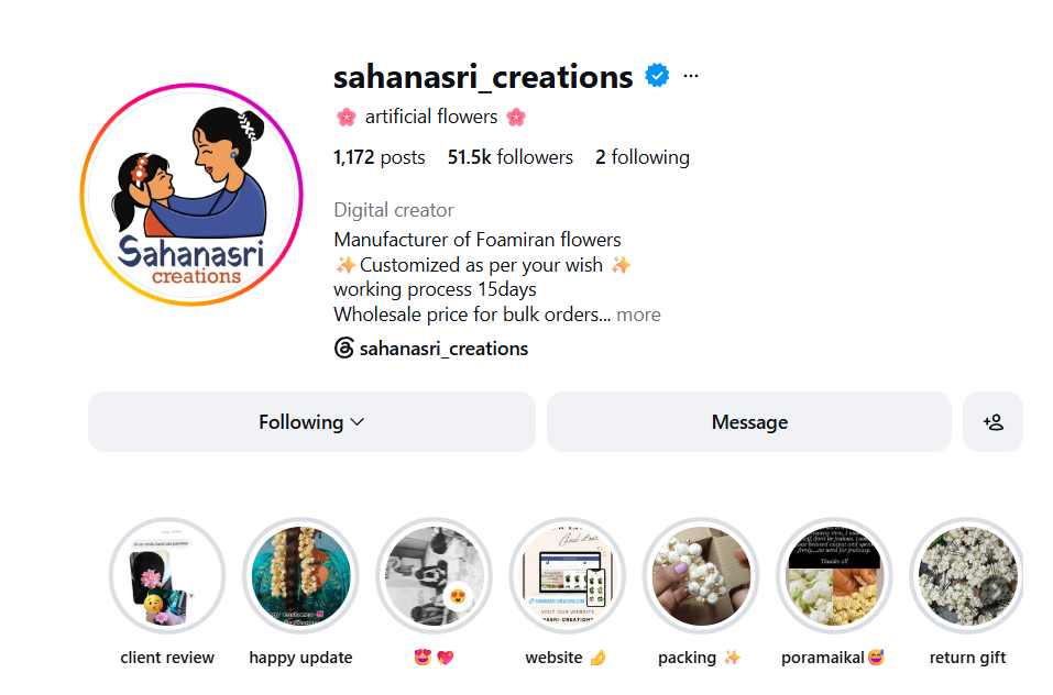Instagram profile result for Sahanasri Creations