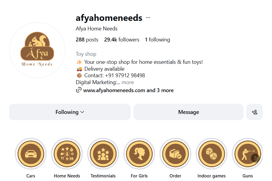 Instagram profile result for Afya Home Needs