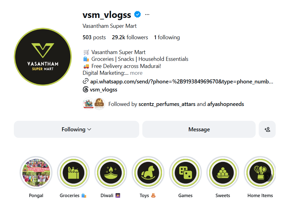 Instagram profile result for Vasantham Super Mart
