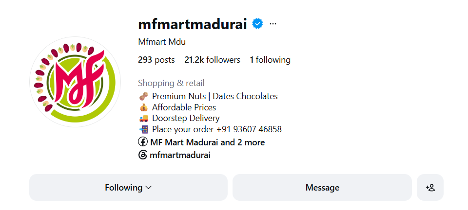 Instagram profile result for MF Mart Madurai